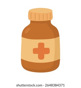 Cartoon brown medicine bottle with cross. Flat vector health and pharmacy clipart illustration.