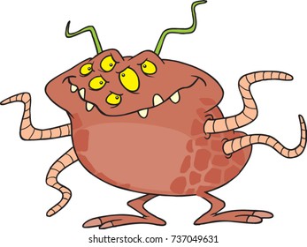 cartoon brown monster with multiple eyes and tentacles