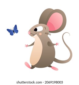 Ratón marrón de dibujos animados que corre tras una mariposa azul. Ilustración vectorial de un carácter dibujado con un gradiente en el estilo de plano.