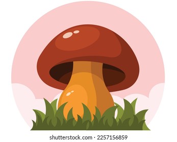 Cartoon brown mushroom growing in the grass. Vector graphics