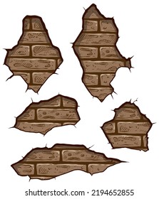 Pintura de pared de ladrillo antiguo marrón caricaturizada con grietas. Icono del vector aislado en fondo blanco.
