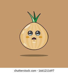 
Cartoon brown onion icon that cries on the background, a cute vegetable with a face