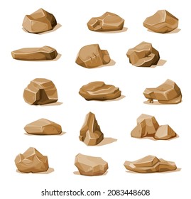 Cartoon brown rock stones and boulders. Rubble, gravel or cobble vector set. Mountain natural elements for design, geological materials, rocky pieces of different shapes isolated on white background