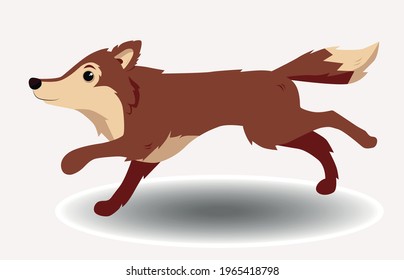 Cartoon brown shaggy dog in a running position. Wild brown cute wolf