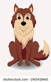 Cartoon brown shaggy dog in a sitting position. Wild brown cute wolf