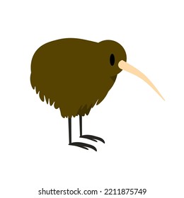 Cartoon brown small exotic kiwi bird with long beak isolated on white backdrop. Quirky flightless feathered character. Wildness and wildlife. Nature and rare animals. Vector flat illustration EPS