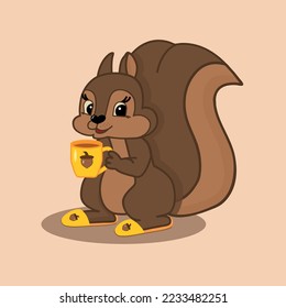 Ilustración vectorial de ardilla marrón de dibujos animados con café, té en zapatillas de casa en otoño, primavera. animal salvaje