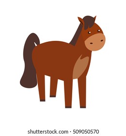 Cartoon Brown Standing Horse or Pony. Funny and Cute icon Flat Design Style character. Vector illustration of farm, domestic or wild animal - mascot 