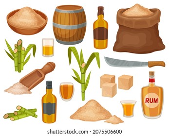 Cartoon brown sugar, rum bottles and sugarcane plant. Natural cane sugar industry. Granulated sweet product heap, spoon and sack vector set. Sack, barrel and sugar heaps for alcohol drink