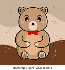 cartoon of brown teddy bear with a red bow. It is a kawaii character cartoon. 