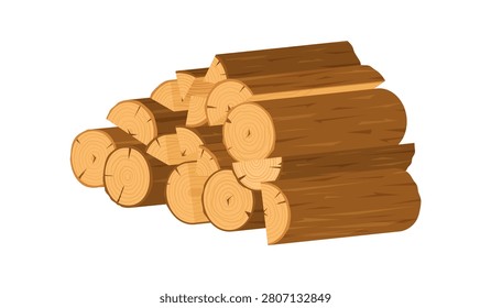 Cartoon brown timber pile in flat style. Chopped tree log stack as dry firewood heap with round rings and rough wood texture. Rustic woodpile icon for campfire, lumber, forestry and nature concept