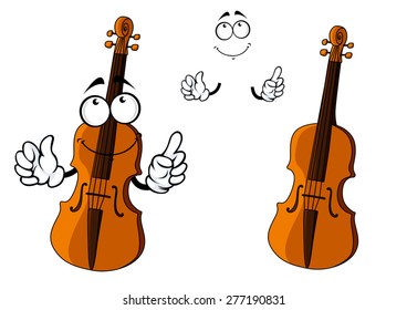 Cartoon brown violin instrument character with happy smiling face and little hands, for art and music design