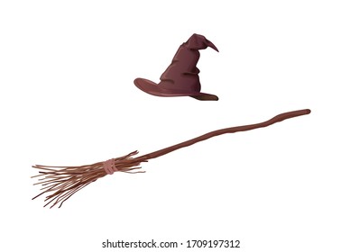 Cartoon brown witch hat and broom isolated on white background. Fantasy magic wizard apparel and accessories vector graphic illustration. Mystery character outfit. Halloween garment