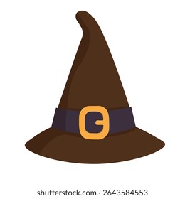 Cartoon brown witch hat with buckle. Flat Halloween vector illustration on white background.