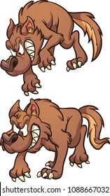 Cartoon brown wolf pouncing and stalking. Vector clip art illustration with simple gradients. Each wolf in a separate layer. 