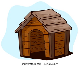 Cartoon brown wooden dog house, kennel on blue background. Vector icon.