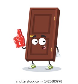 cartoon brown wooden interior door character mascot with the number 1 one sports fan hand glove on a white background