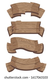 Cartoon brown wooden plate and ribbons. Vector set isolate on white background.  Wooden board collection. Vector illustration