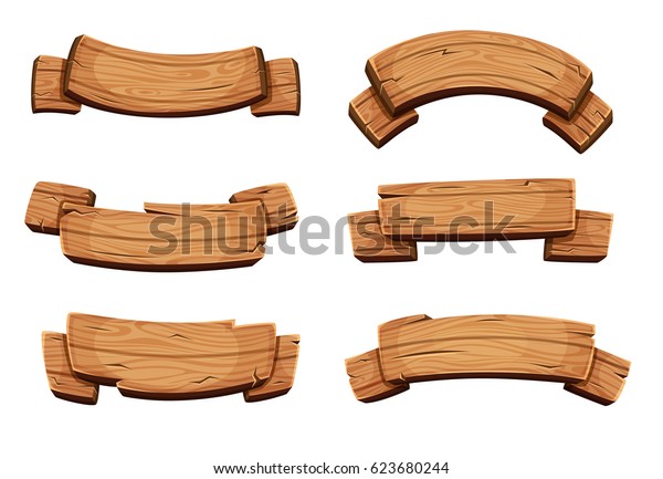 茶色の木の板とリボン 白い背景にベクター画像セット 木のリボンコレクション 木の板のイラスト のベクター画像素材 ロイヤリティフリー