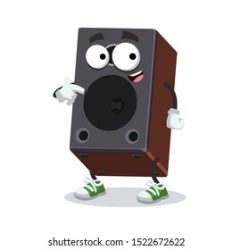 cartoon brown wooden sound speaker mascot showing himself on a white background