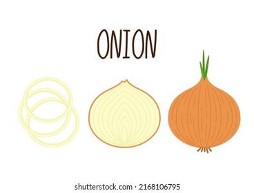 Cartoon brown or yellow onions set. Whole unpeeled, half, onion rings and slices.