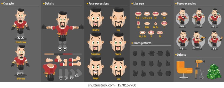 Cartoon brunet barber constructor for animation. Parts of body: legs, arms, face emotions, hands gestures, lips sync. Full length, front, three quater view. Set of ready to use poses, objects.