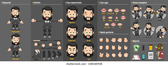 Cartoon brunet bearded man constructor for animation. Parts of body: legs, arms, face emotions, hands gestures, lips sync. Full length, front, three quater view. Set of ready to use poses, objects.