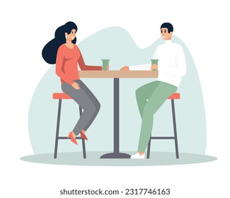 Cartoon brunet couple discussing life over cup of coffee. Young people having conversation in modern restaurants. Friends meeting in cafe and spending time together. Vector