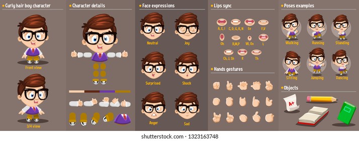 Cartoon brunette boy constructor for animation/ Parts of body: legs, arms, face emotions, hands gestures, lips sync. Full length, front, three quarter view. Set of ready to use poses, objects.