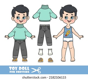 Cartoon brunette boy dressed and clothes separately - mint knitted sweater, black  jeans and orange sneakers doll for dressing