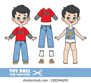 Cartoon brunette boy dressed and clothes separately - long sleeve T-shirt, blue jeans and orange sneakers doll for dressing