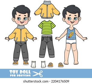 Cartoon brunette boy dressed and clothes separately - knitted sweater, striped green T-shirt, black jeans and orange sneakers doll for dressing