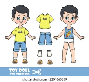 Barras de dibujos animados niño vestido y ropa por separado - camiseta amarilla, pantalones cortos vaqueros azules y zapatillas de deporte de color naranja muñeca para vestirse