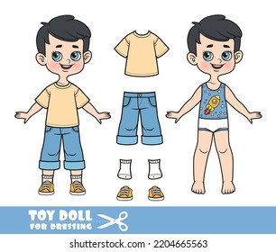 Cartoon brunette boy dressed and clothes separately - beige T-shirt, blue long denim shorts and orange sneakers doll for dressing