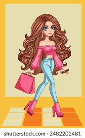 Cartoon brunette girl with blue eyes walking and holding a pink bag, full body pictures, wearing jeans and pink crop top. 