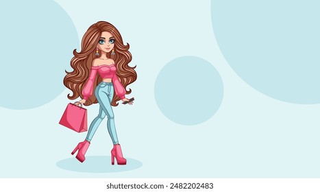 Cartoon brunette girl with blue eyes walking and holding a pink bag, full body pictures, wearing jeans and pink crop top. 