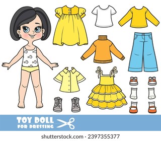 Cartoon brunette girl with bob haircut and clothes separately -   long sleeve,  sweater, shirt, summer dresses, jeans and sneakers