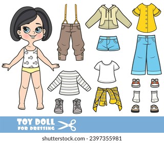 Cartoon brunette girl with bob haircut and clothes separately -   long sleeve, shirt, jacket,  trousers with suspenders, jeans and sneakers