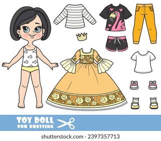 Cartoon brunette girl with bob haircut and clothes separately -  elegant ball dress for princess and crown, shirts, jeans, sneakers and sandals