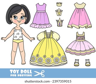 Cartoon brunette girl with bob haircut and clothes separately -  elegant dress for princess and crowns, summer dresses and sandals