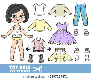 Cartoon brunette girl with bob haircut and clothes separately -  elegant dress, long sleeve, shirt, jacket,  jeans and sneakers