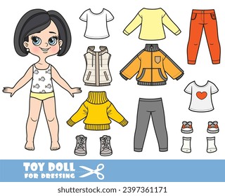 Cartoon brunette girl with bob haircut and clothes separately -  warm sweater, long sleeve, shirt, jackets, jeans and sneakers