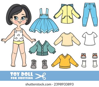 Cartoon brunette girl with bob haircut and clothes separately -  sweater, long sleeve, shirt, jacket, skirt,  jeans and sneakers