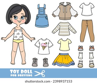 Cartoon brunette girl with bob haircut and clothes separately -   long sleeve, shirt, jeans sundress, jeans and sneakers