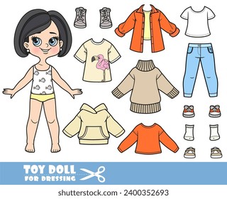 Cartoon brunette girl with bob haircut and clothes separately -   hoodie, t-shirt with flamingo print, long sweater, jeans and sneakers