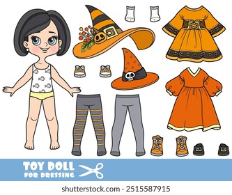 Cartoon brunette girl with bob haircut and clothes separately -  witch costume for Halloween party with hats and dresses. Image produced without the use of any form of AI software at any stage.