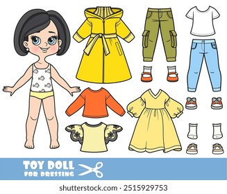 Garota morena de desenhos animados com corte de cabelo bob e roupas separadamente -   vestido amarelo, casaco, camiseta , jeans e tênis. Imagem produzida sem a utilização de qualquer forma de software de IA em qualquer fase.