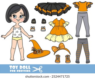 Cartoon brunette girl with bob haircut and clothes separately -  witch costume for Halloween party with hat, tutu and dress. Image produced without the use of any form of AI software at any stage.