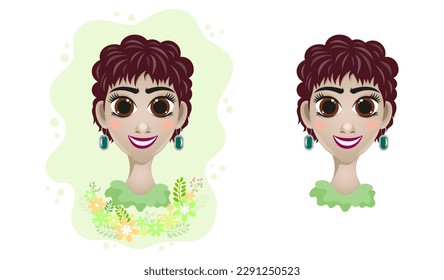 Cartoon brunette girl with brown eyes and dark hair for an avatar in a decorative flower frame and on a white background