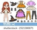 Cartoon brunette girl and clothes separately - Halloween witch costume constructor. Image produced without the use of any form of AI software at any stage.